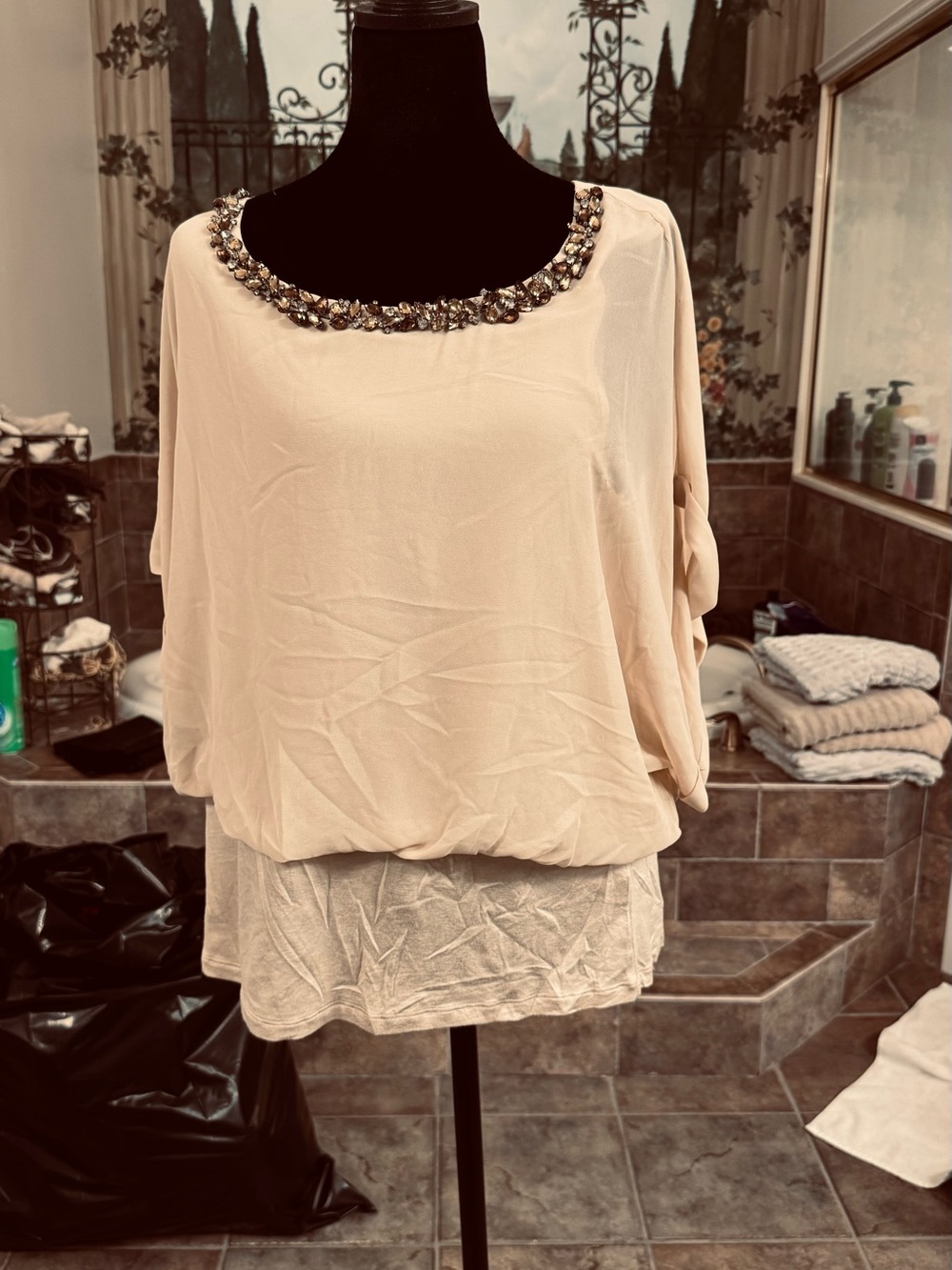 Joseph A Beige Jeweled Scoop-Neck Draped Blouse